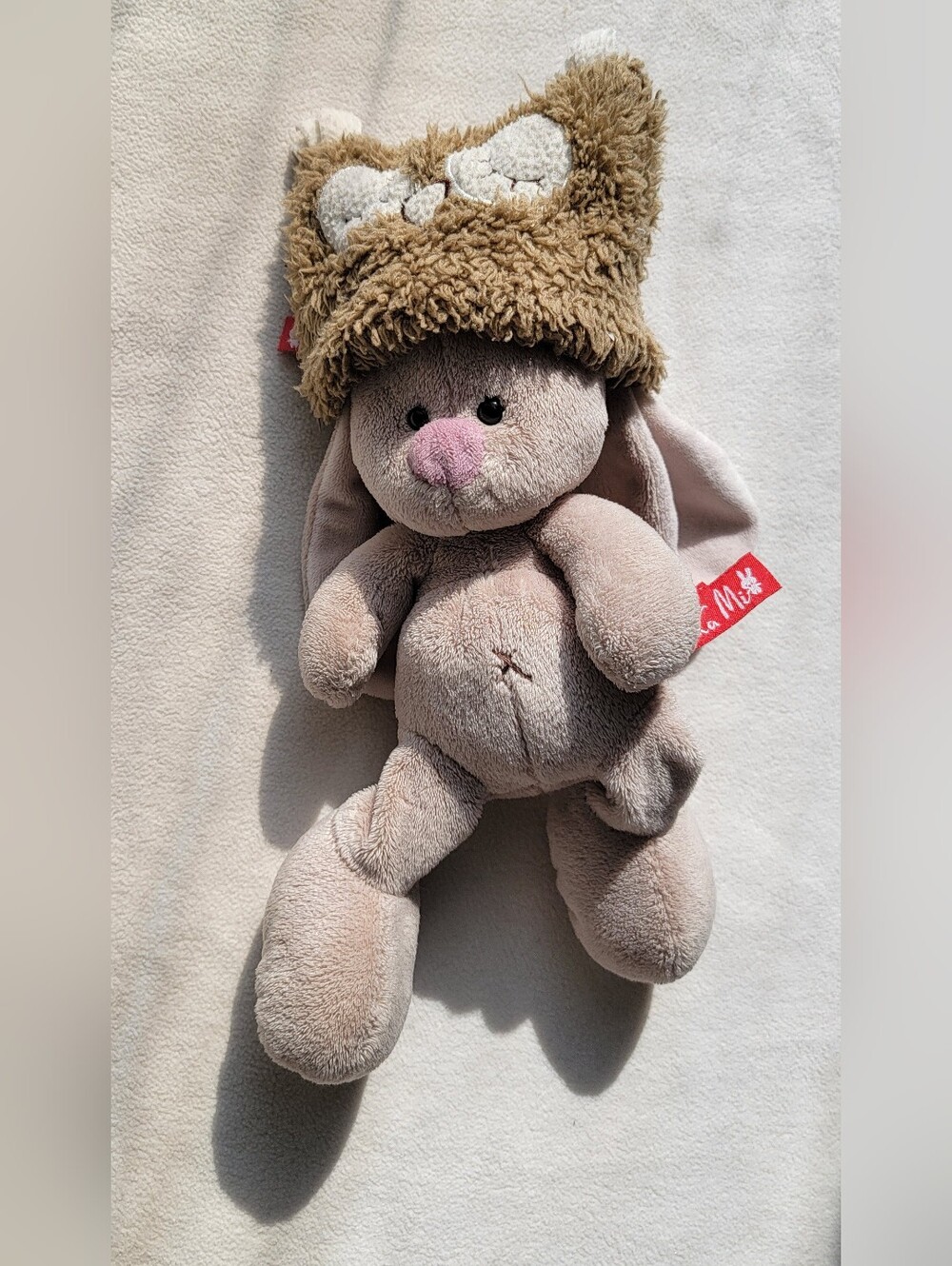 Plush Bunny with Fuzzy Owl Hat - Neutral Tones